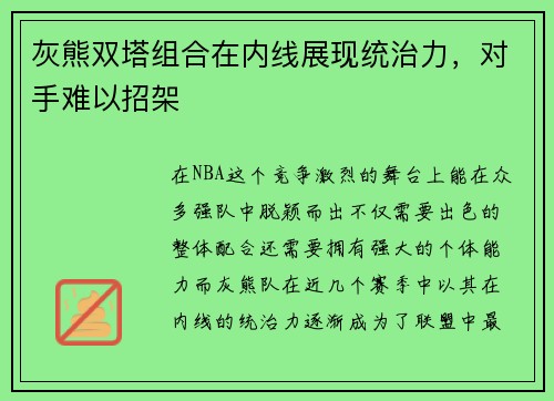 灰熊双塔组合在内线展现统治力，对手难以招架