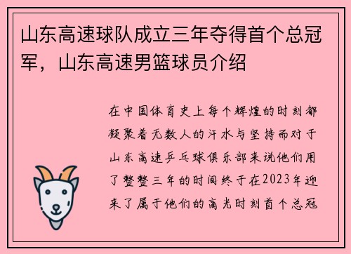 山东高速球队成立三年夺得首个总冠军，山东高速男篮球员介绍